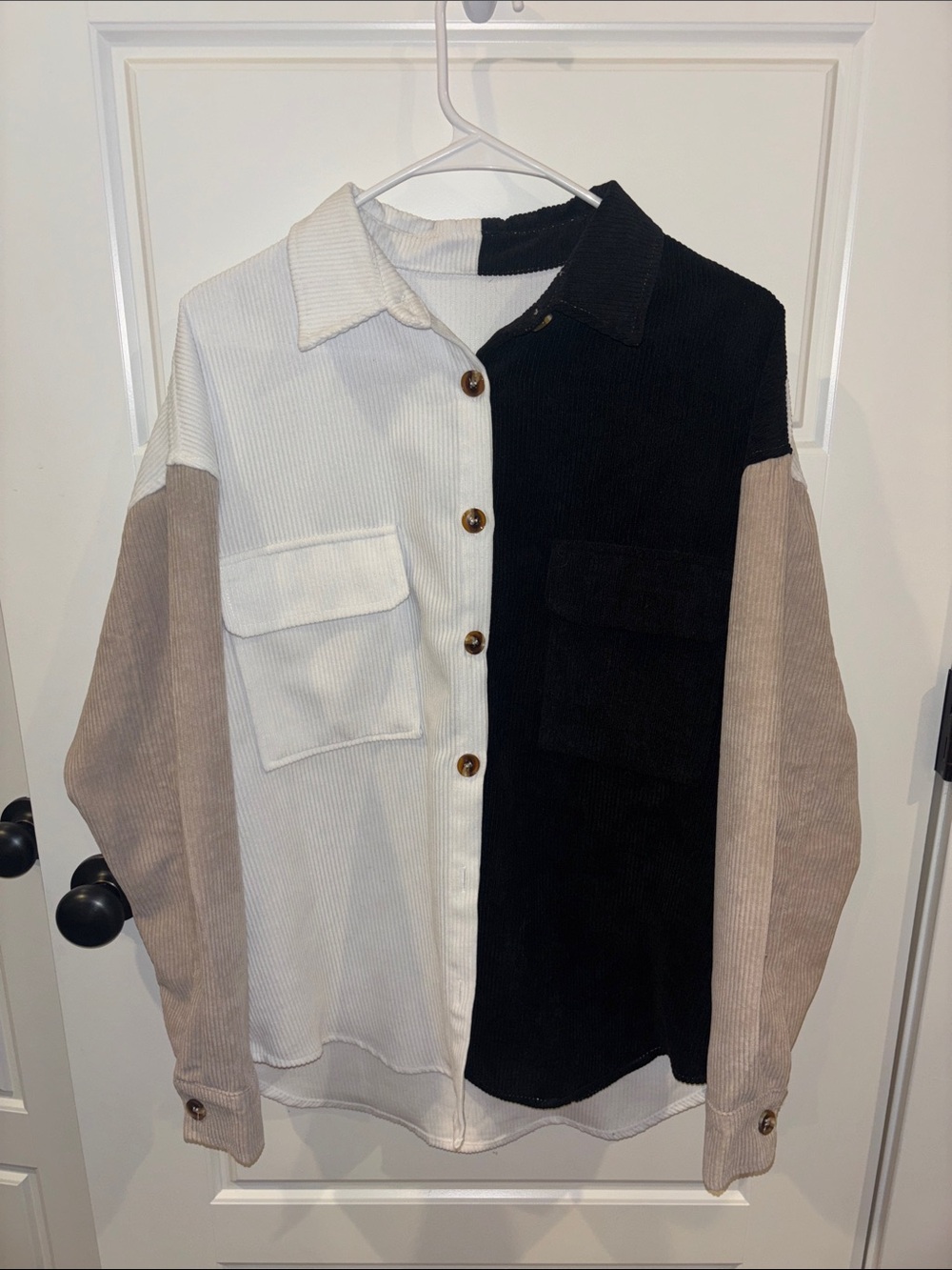 Two-Tone Corduroy Button-Up Shirt Jacket in Black, White & Taupe